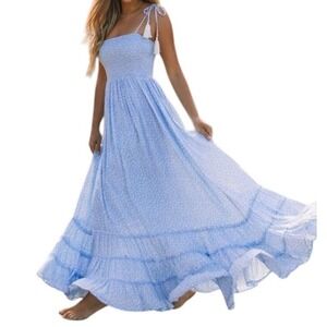 Olia Bradlea Maxi Dress Women's Small  Floral Tiered Dress Blue White Vacation